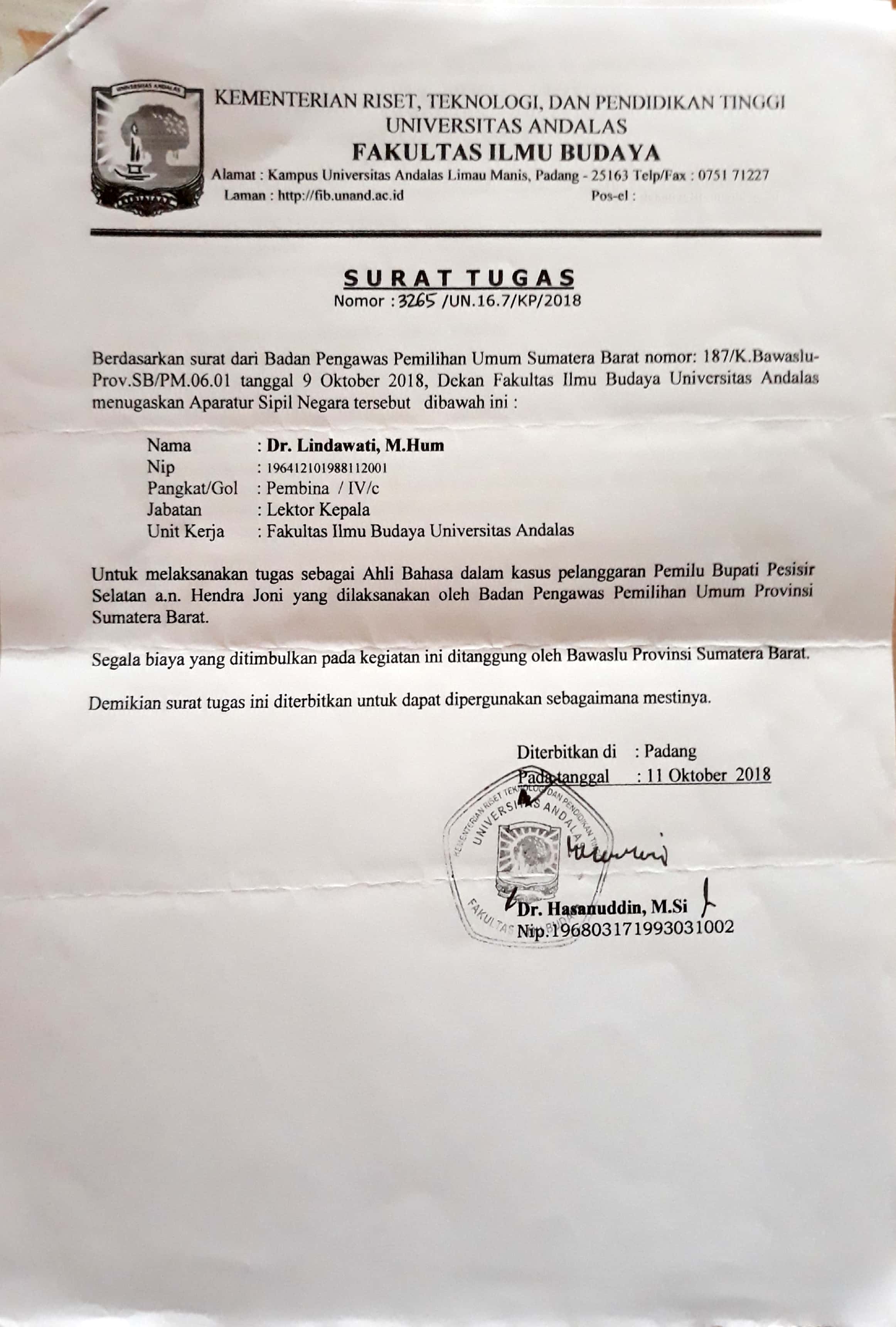 Surat Tugas Saksiahli Pesisir Selatan Document Repository Universitas Andalas